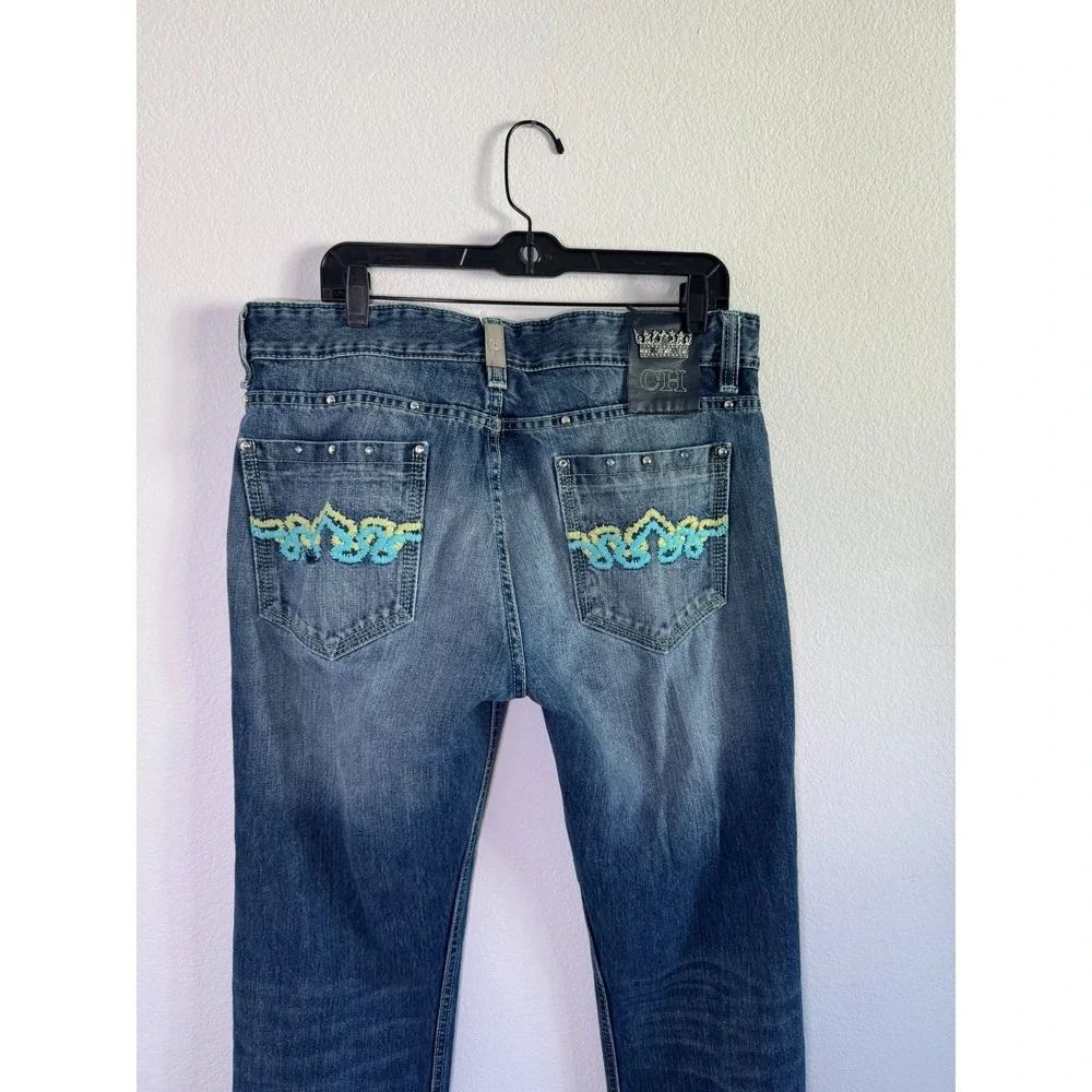 Crown Holder Straight Jeans Men 34 Blue Denim Cotton Beaded Embroidered Mid Rise